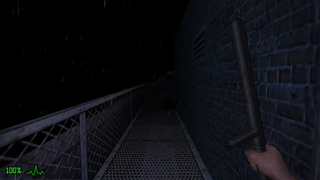 Holding a nightstick on a rain-swept metal walkway beside a brick wall at night