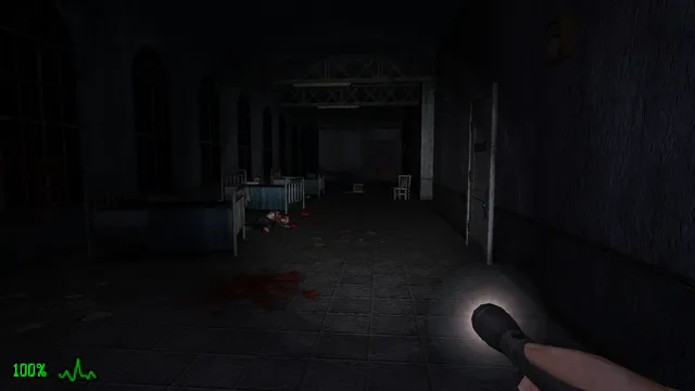 Dementium: The Ward first-person view: a flashlight beam in a dark hospital ward of iron beds, with a body and blood on the tiled floor
