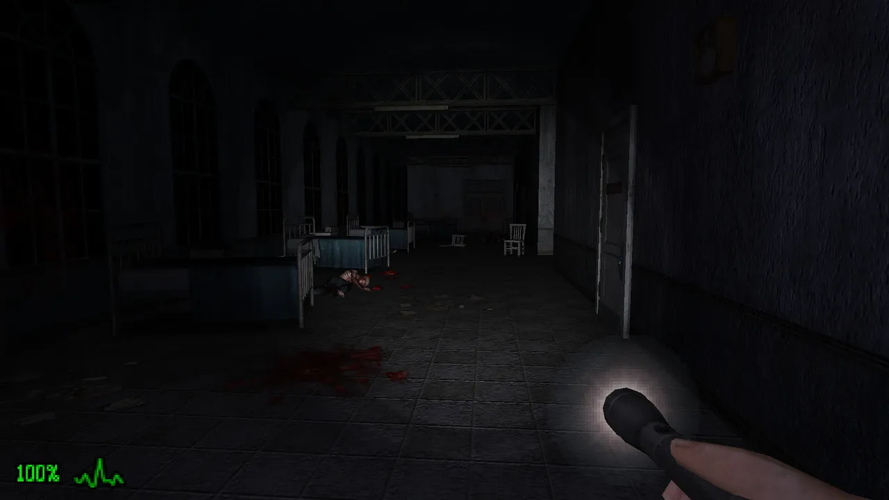 Dementium: The Ward first-person view: a flashlight beam in a dark hospital ward of iron beds, with a body and blood on the tiled floor