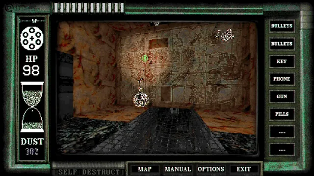DEMON DUST screenshot: a rusted, blood-stained room with a hanging lamp, framed by the terminal interface with item buttons for bullets, a key, a phone, a gun and pills