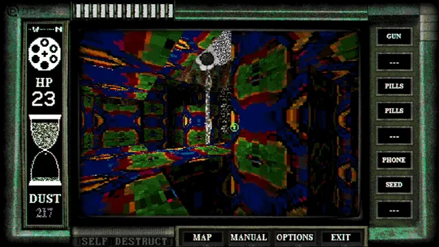 DEMON DUST screenshot: a corridor covered in clashing blue, green and red psychedelic patterns, with a lamp hanging from the ceiling