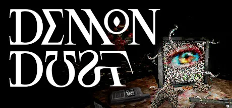 DEMON DUST store art: the title in stark white letters beside an old television whose screen shows a staring eye, with cables trailing from it