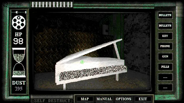 DEMON DUST screenshot: a white grand piano whose keys dissolve into static stands in a dark metal chamber