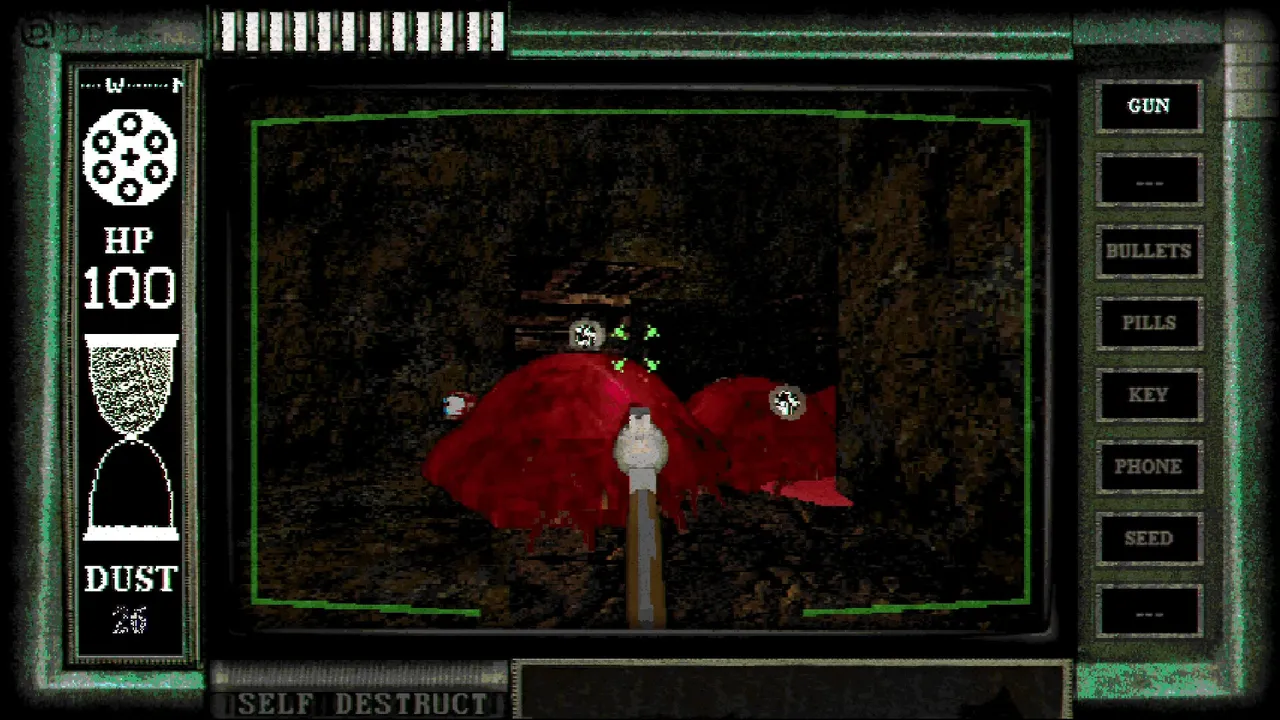 DEMON DUST screenshot: through a green terminal frame, a revolver is raised at two blood-red, fleshy creatures with staring eyes in a dark earthen tunnel; HP 100 and an hourglass of DUST at the side