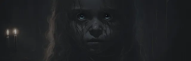 Demonologist key art: a pale girl with dark eyes and grimy cheeks stares out of the dark beside two lit candles