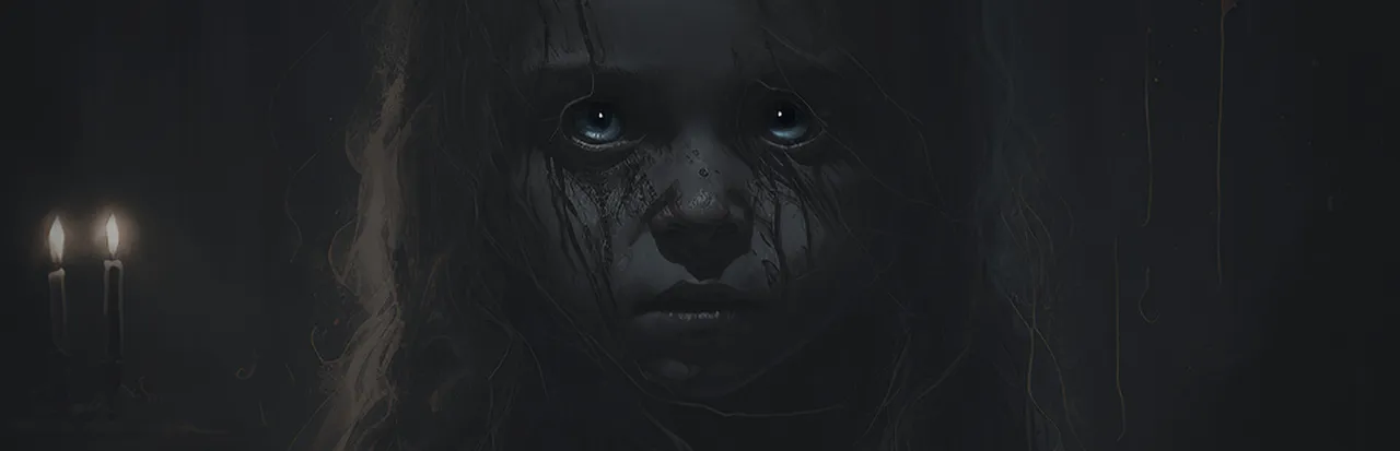 Demonologist key art: a pale girl with dark eyes and grimy cheeks stares out of the dark beside two lit candles