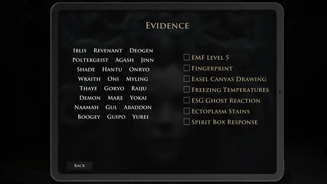 Demonologist screenshot: the evidence journal listing spirit types and evidence such as EMF level 5 and spirit box response