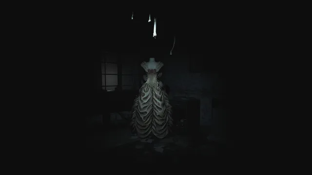 Demonologist screenshot: an old ball gown on a dress form in a dark room