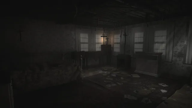 Demonologist screenshot: a dim, ruined bedroom with crosses on the walls and papers strewn across the floor