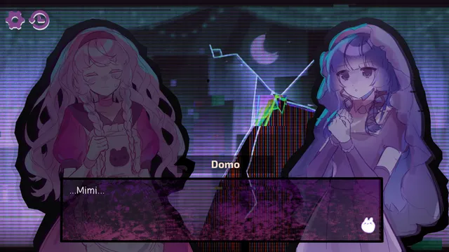 Dermimi's! screenshot: the same scene darkened and glitching into static, with Domo saying Mimi...
