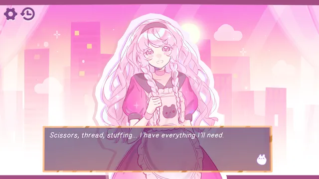 Dermimi's! screenshot: Mimi in a pink apron saying Scissors, thread, stuffing... I have everything I'll need