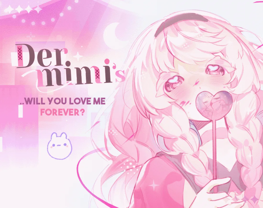 Dermimi's! cover art: a pink-haired anime girl with heart-shaped eyes holding a heart lollipop, beside the title and the words Will you love me forever?