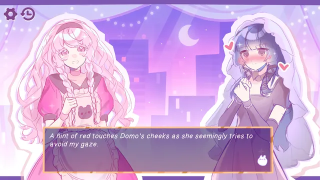 Dermimi's! screenshot: pink-haired Mimi and blushing dark-haired Domo in a pastel shop at night