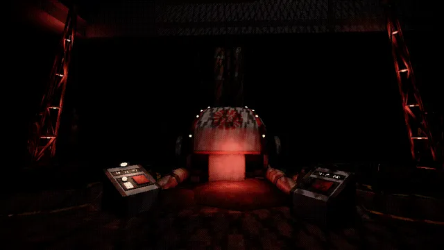 Descending screenshot: a drilling machine glowing red between two control consoles at the bottom of a dark pit