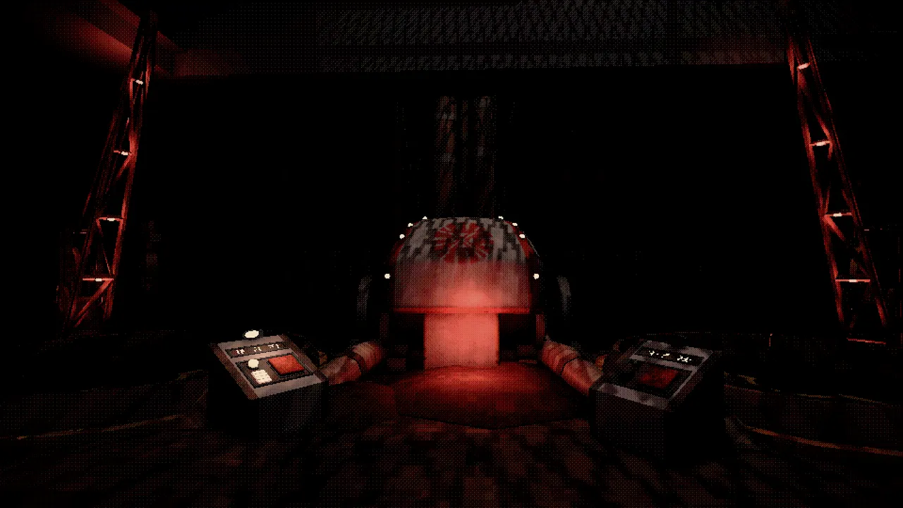 Descending screenshot: a drilling machine glowing red between two control consoles at the bottom of a dark pit