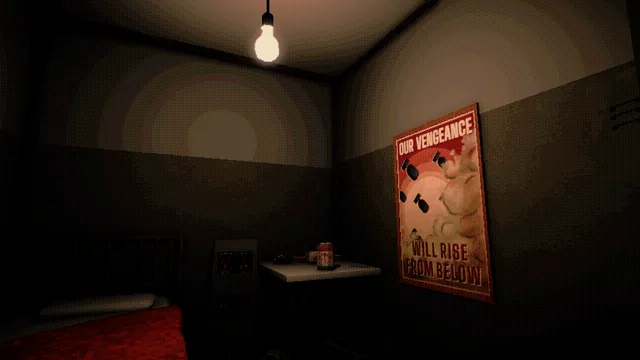 Descending screenshot: a bare room with a bed, a bulb and a poster reading Our vengeance will rise from below