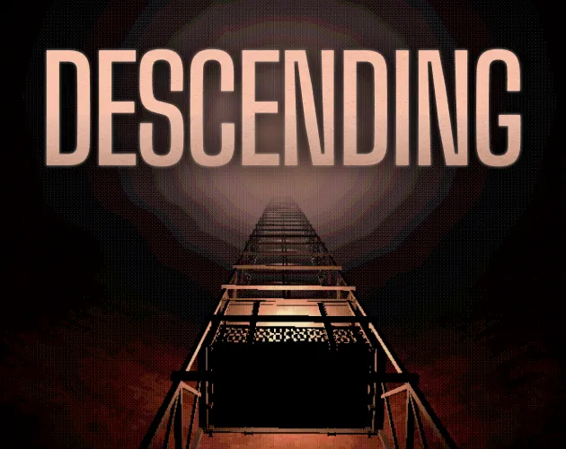 Descending cover art: the title over a lift shaft looking down into the dark