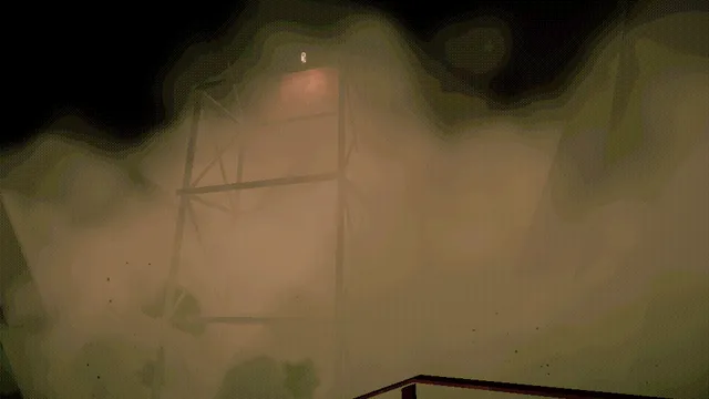 Descending screenshot: a metal tower half hidden in a thick greenish storm in the pit