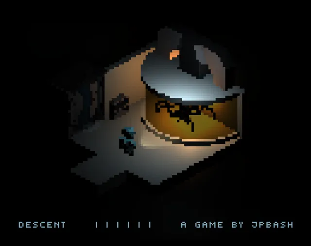 Descent cover: an isometric room on the dark ship where a small astronaut stands beside a glowing amber tank holding a spidery creature