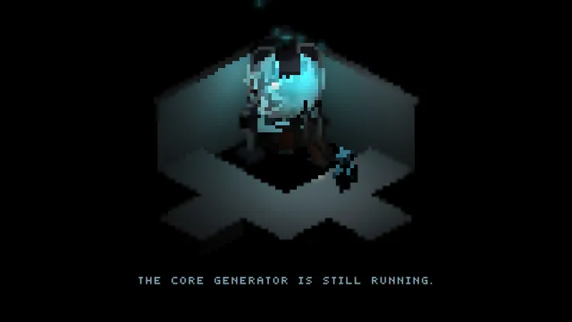 Descent screenshot: a small figure by a glowing blue machine in a dark isometric room, with the text The core generator is still running