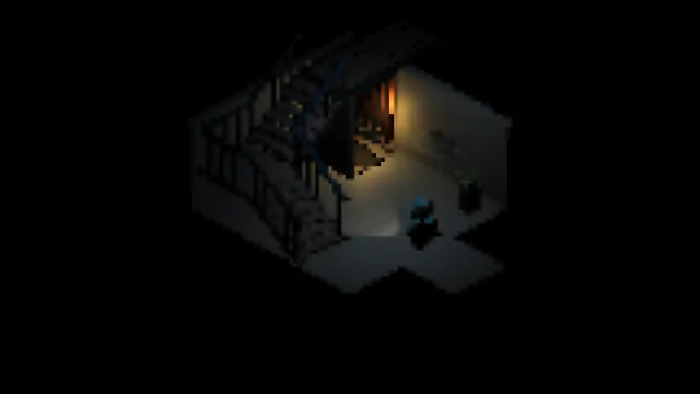 Descent screenshot: the astronaut in a dim room of shelves and a doorway lit orange, surrounded by darkness