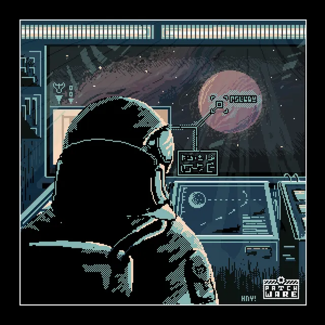 Descent art: an astronaut seen from behind at a ship's console, looking out at a red planet in space