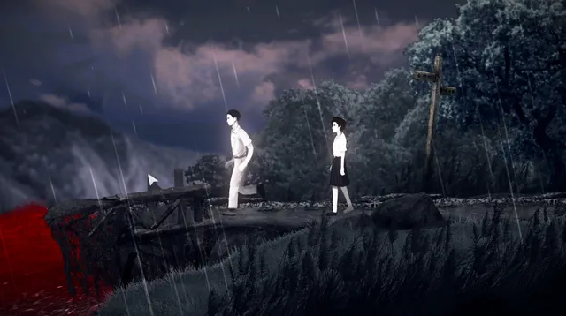 Detention screenshot: the two students on a broken bridge in the rain, with blood-red water below