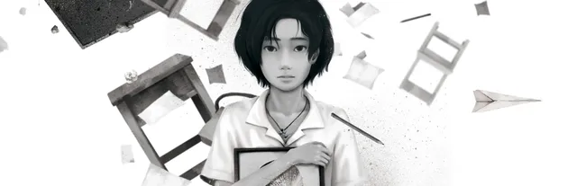Detention key art: a schoolgirl in a white uniform holds a picture frame as chairs, desks and papers fly around her