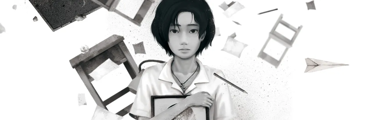 Detention key art: a schoolgirl in a white uniform holds a picture frame as chairs, desks and papers fly around her