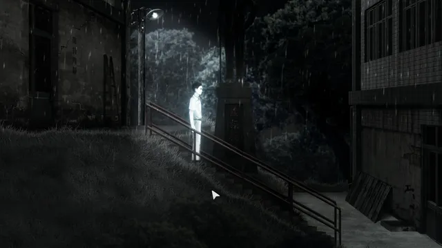 Detention screenshot: a pale student climbs dark outdoor stairs beside the school buildings at night