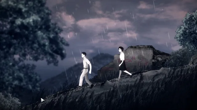 Detention screenshot: two students in white school uniforms walk along a hillside in the rain under a purple sky