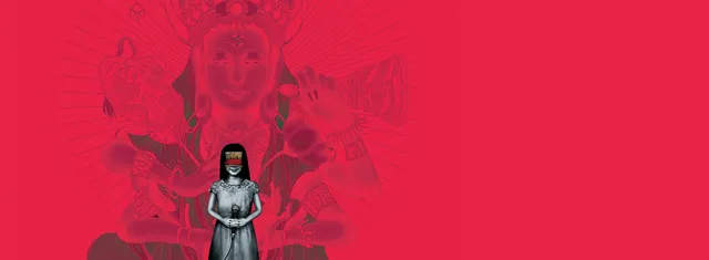 Devotion key art: a girl in a white dress with a red band over her eyes stands before a many-armed deity drawn on a red background