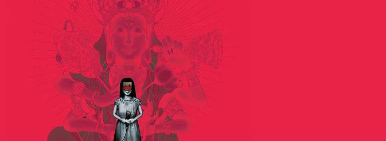 Devotion key art: a girl in a white dress with a red band over her eyes stands before a many-armed deity drawn on a red background