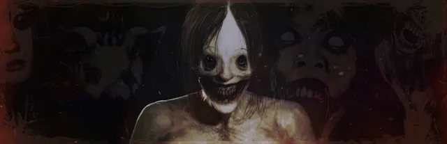 DEVOUR art: a possessed woman with matted dark hair, black eyes and a wide grin, with other demonic faces in red behind her