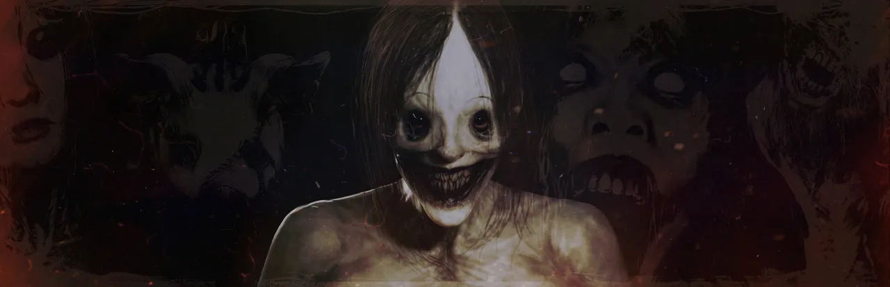 DEVOUR art: a possessed woman with matted dark hair, black eyes and a wide grin, with other demonic faces in red behind her