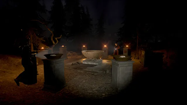 DEVOUR screenshot: stone pedestals with bowls around a ritual basin lit by candles in a dark forest clearing