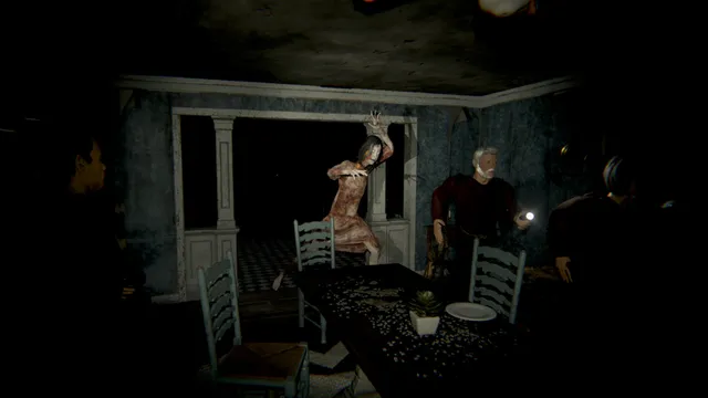DEVOUR screenshot: a possessed woman lunges over a dining table at cultists holding flashlights