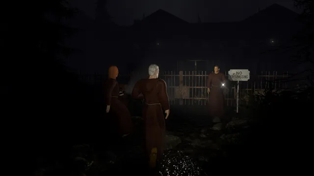 DEVOUR screenshot: three robed cultists with flashlights walk toward a gate and a No Trespassing sign at night