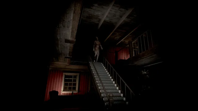 DEVOUR screenshot: a pale figure stands at the top of a staircase in a dark wooden house