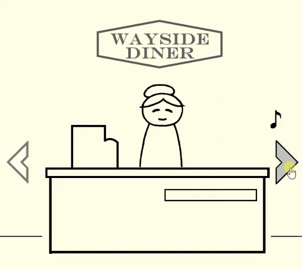 Diner in the Storm screenshot: a line drawing of the waitress behind the Wayside Diner counter with arrows to look left and right