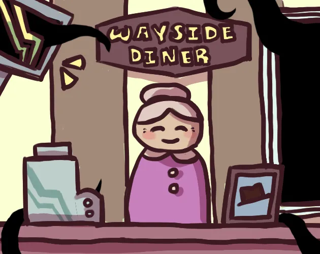 Diner in the Storm cover: a smiling waitress at the Wayside Diner counter while dark tentacles reach in past the sign and the window