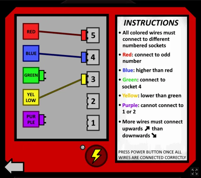 Diner in the Storm screenshot: a red wiring panel with coloured wires to connect to numbered sockets beside a list of instructions