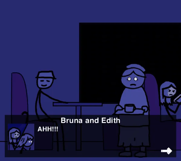 Diner in the Storm screenshot: the diner in dark blue light, Bruna and Edith crying out AHH beside a man at a table