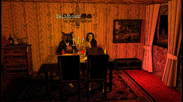The owl-headed host and a woman at a dinner table in a red-lit dining room, with the word Delicious over them