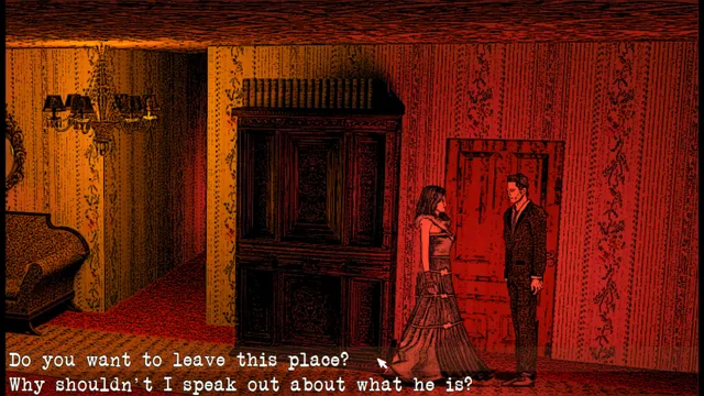 A man in a suit and a woman in a long dress by a door in a red-walled hallway, with the dialogue choice Do you want to leave this place?