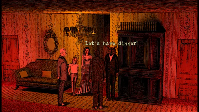 The guests gathered in the mansion's sitting room as the owl host says Let's have dinner