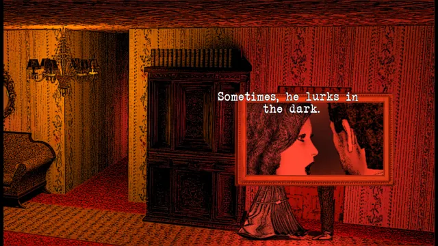 A close-up portrait inset of a frightened woman and a man, over the line Sometimes, he lurks in the dark