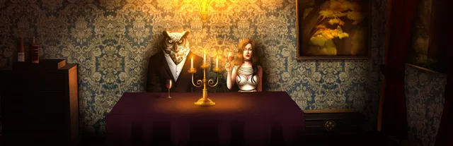 Dinner with an Owl key art: the owl-headed host in a suit at a candlelit dinner table beside a woman in a pale dress, before patterned wallpaper