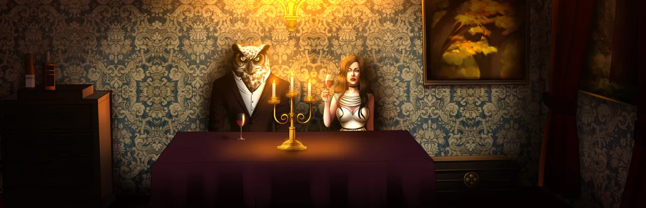 Dinner with an Owl key art: the owl-headed host in a suit at a candlelit dinner table beside a woman in a pale dress, before patterned wallpaper