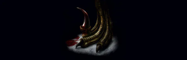Dino Crisis key art: a scaly dinosaur foot with a long curved claw stands on a bloodied floor in the dark